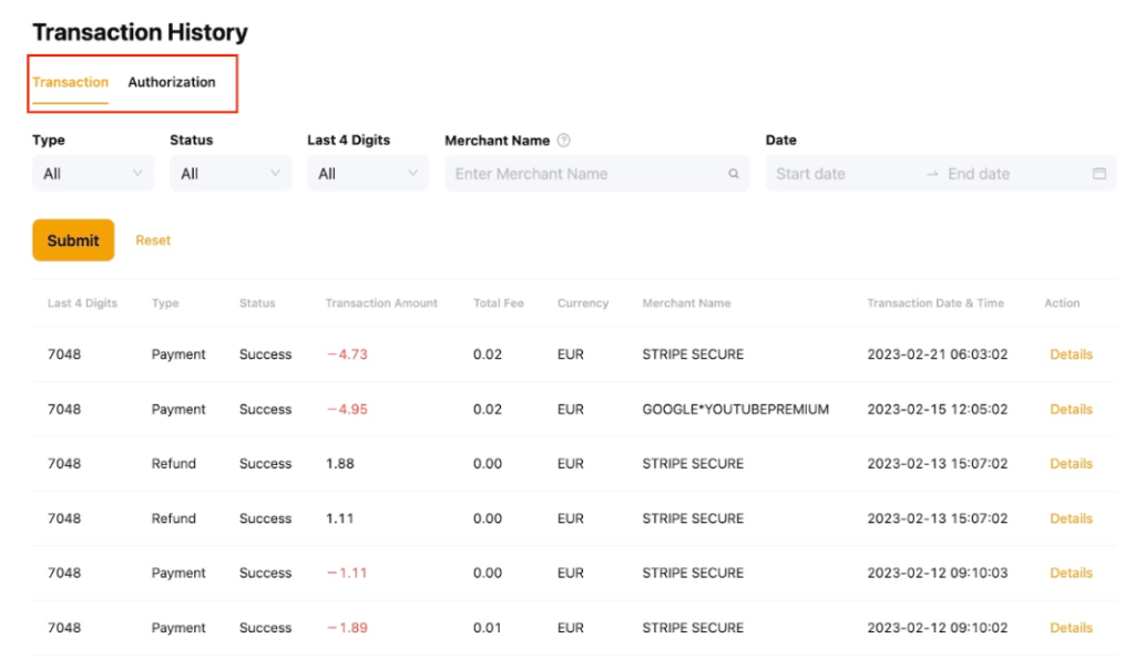 bybit card transacties