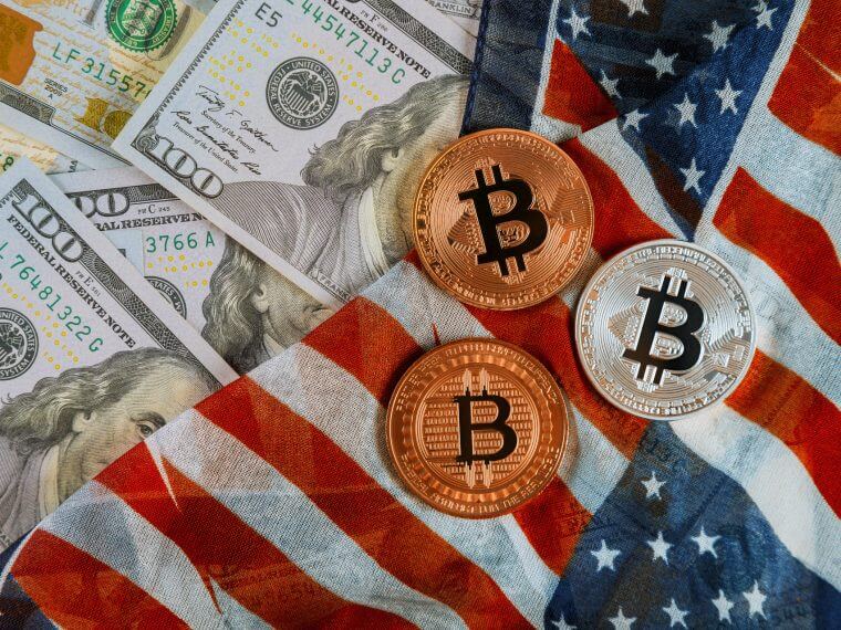 Golden Bitcoin on US dollars digital currency with US flag